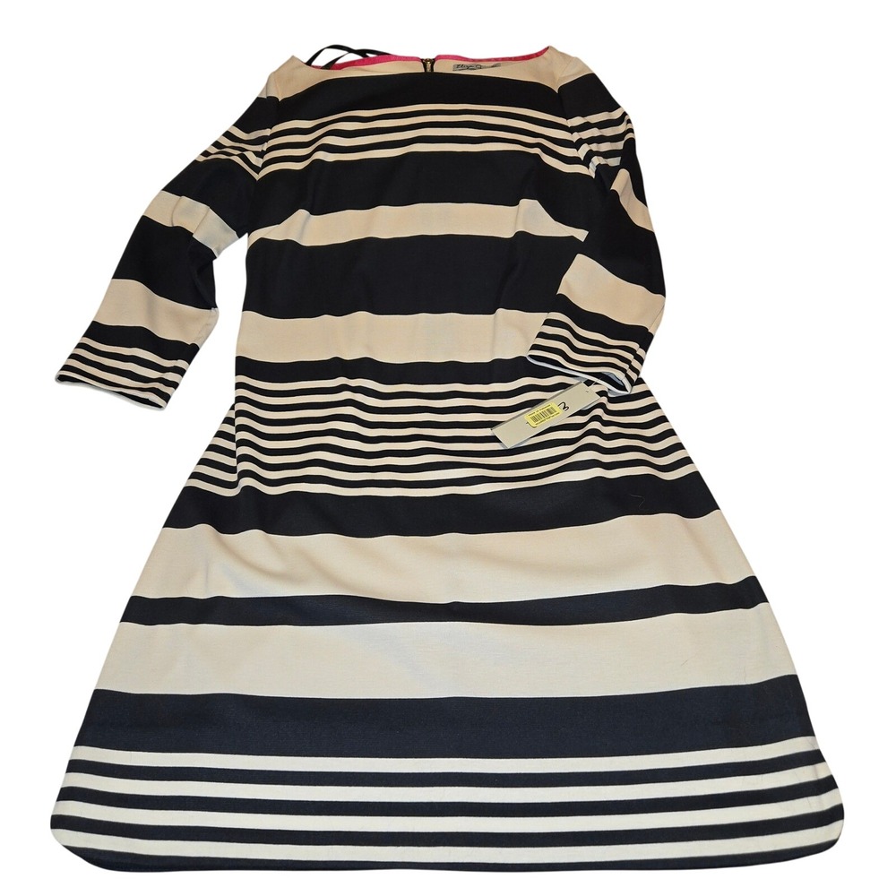 Eliza J Striped Sheath Dress - Black Ivory Career Cocktail Party Size 10